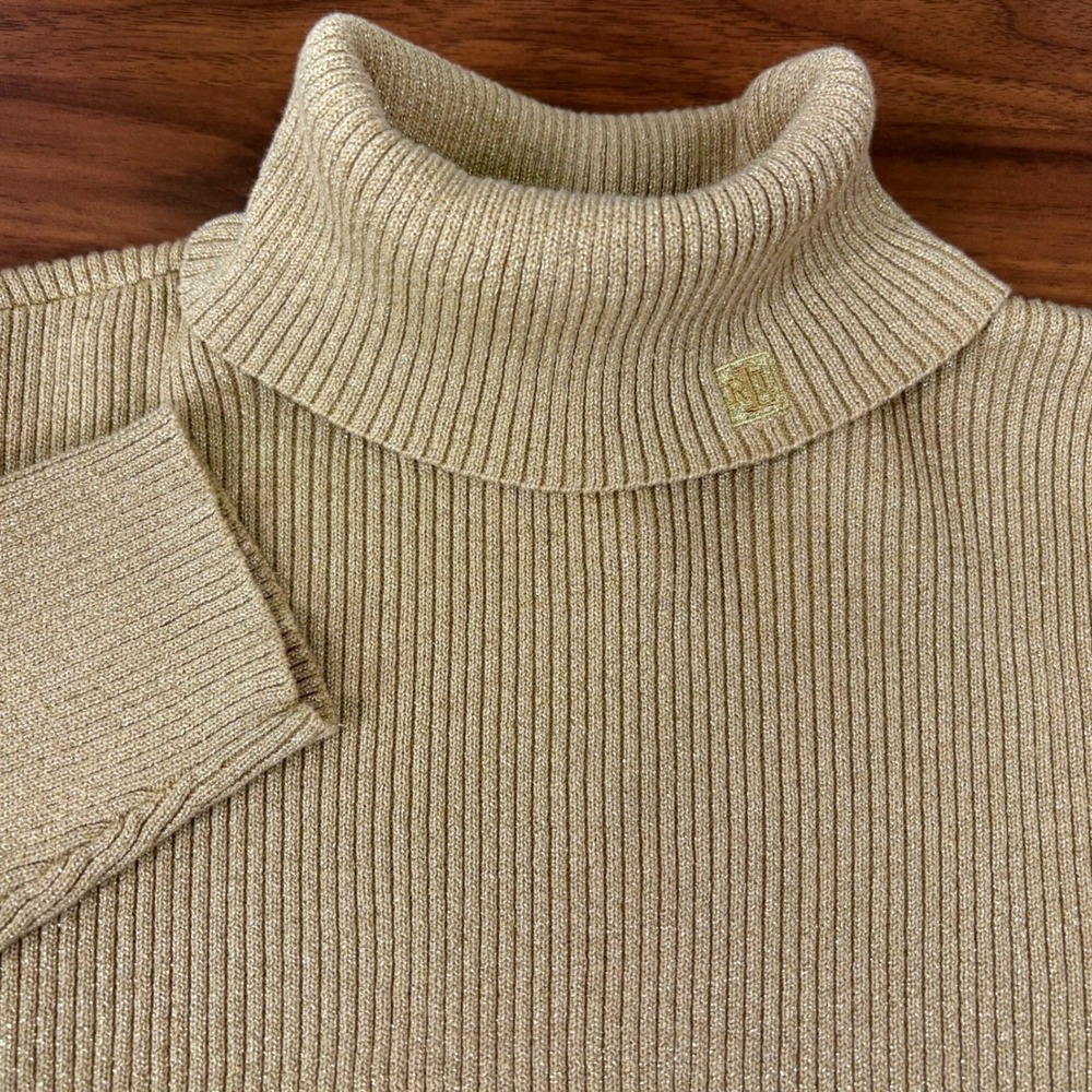 Lauren Ralph Lauren Turtleneck Women XL Gold Ribbed Metallic Logo Glam Sweater